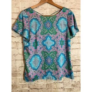 Talbots Top Women Medium Petite Colorful Medallion Print Satin Lightweight Flowy